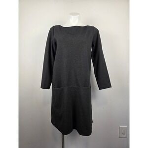 Eileen Fisher Dress Gray Long Sleeve Boat‎ Neck Pockets Stretch Knit Viscose